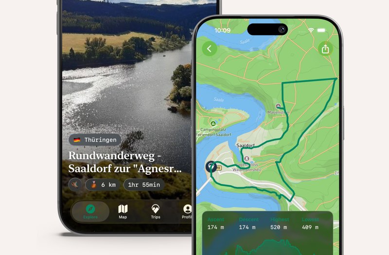 Triphunt app screens showing a hiking route detail card and an interactive route map with elevation stats